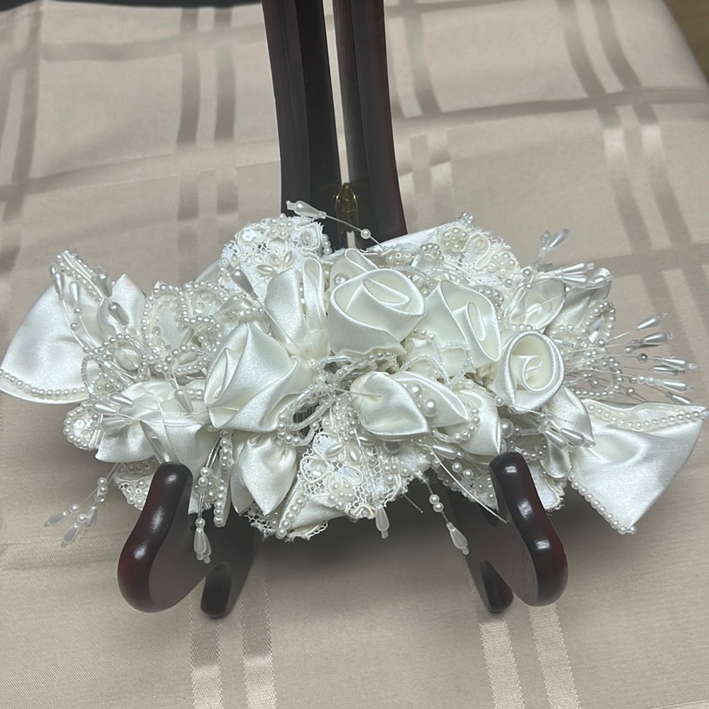 Bridal Wedding Hair Comb Satin beaded flower lace